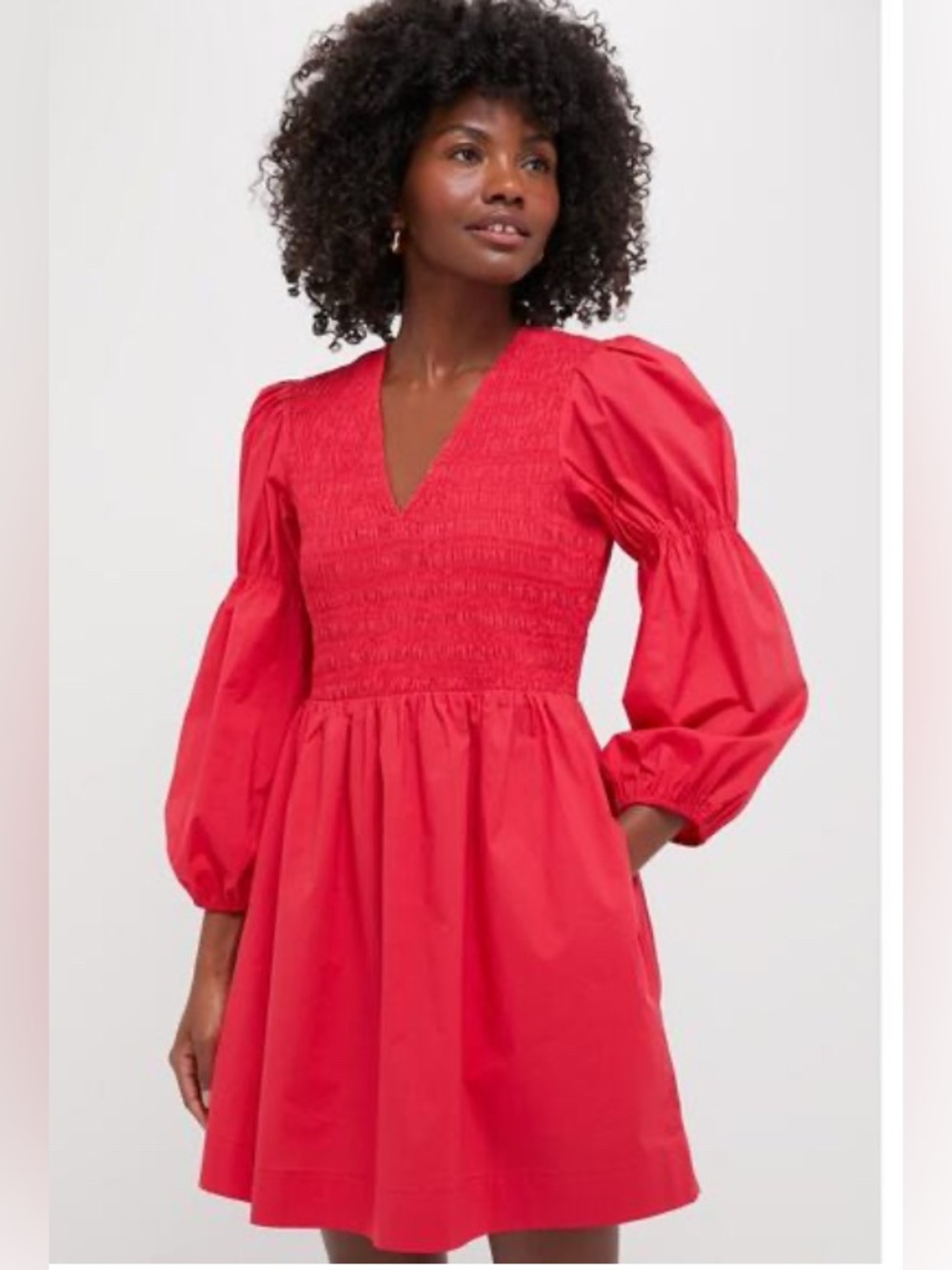 Pomander Place Red-Pinkish Smocked Mini Dress Puff Sleeve V-Neck Size Medium NWT